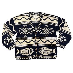 Vintage Express Sweater OS Ecuadorian Wool Handknit Tricot Ecuador Fish 90s